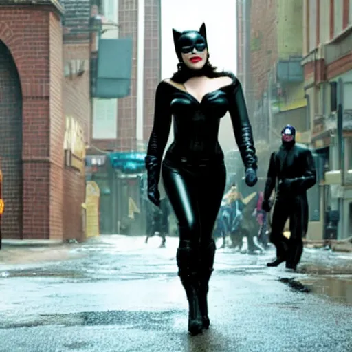 Image similar to a movie still of Kat Dennings as Catwoman in the new movie Batman