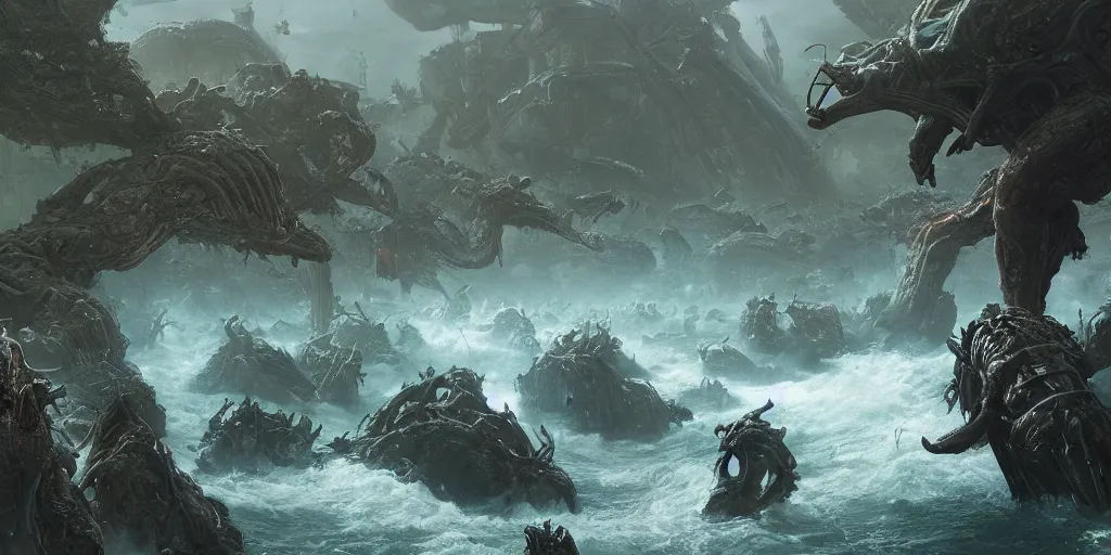 Image similar to Planet invasion of alien zombies, ressistance of the last warriors, overgrown, sea, rivers, waterfalls, Greg Rutkowski, Darek Zabrocki, Karlkka, Jayison Devadas, Phuoc Quan, trending on Artstation, 8K, ultra wide angle, pincushion lens effect