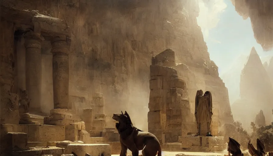 Image similar to beautiful landscape oil matte painting, of ancient egypt giant satue of anubis, art by anders zorn, wonderful masterpiece by greg rutkowski, beautiful cinematic light, thomas lawrence, greg rutkowski