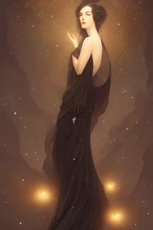 Image similar to Nocturne, glowing, stars, a long-legged elegant evil woman, long black hair, pearl amulet, highly detailed, mysterious, ethereal, dressed in black velvet, haute couture, illustration, dramatic lighting, soft details, painting, by Edmund Blair Leighton, Brom, Charlie Bowater, trending on artstation, faces by otto schmidt