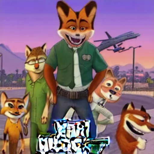 Prompt: Grand Theft Auto: San Andreas loading screen featuring Nick Wilde (from Zootopia)