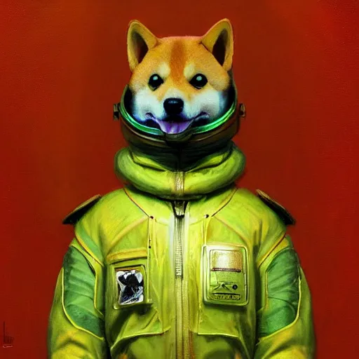 Prompt: realistic anthropomorphic shiba inu, in hazmat suit armor, fantasy science fiction, glowing electric aura, by donato giancola and greg rutkowski and wayne barlow and zdzisław beksinski, realistic face, visible face, digital art, artstation, symmetry