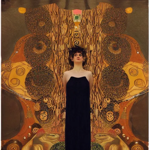 Image similar to a dramatic cinematic portrait photograph of athena influenced by gustav klimt.