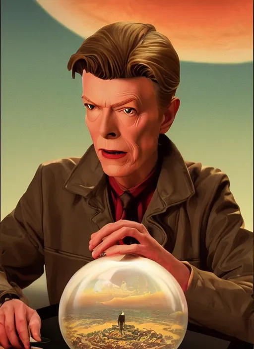 Prompt: Twin Peaks poster artwork by Michael Whelan and Tomer Hanuka, Karol Bak, Rendering of David Bowie holding glass cake dome, from scene from Twin Peaks, full of details, by Makoto Shinkai and thomas kinkade, Matte painting, trending on artstation and unreal engine