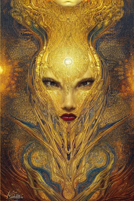 Image similar to Intermittent Chance of Chaos Muse by Karol Bak, Jean Deville, Gustav Klimt, and Vincent Van Gogh, enigma, fate, otherworldly, fractal structures, arcane, prophecy, ornate gilded medieval icon, third eye, spirals