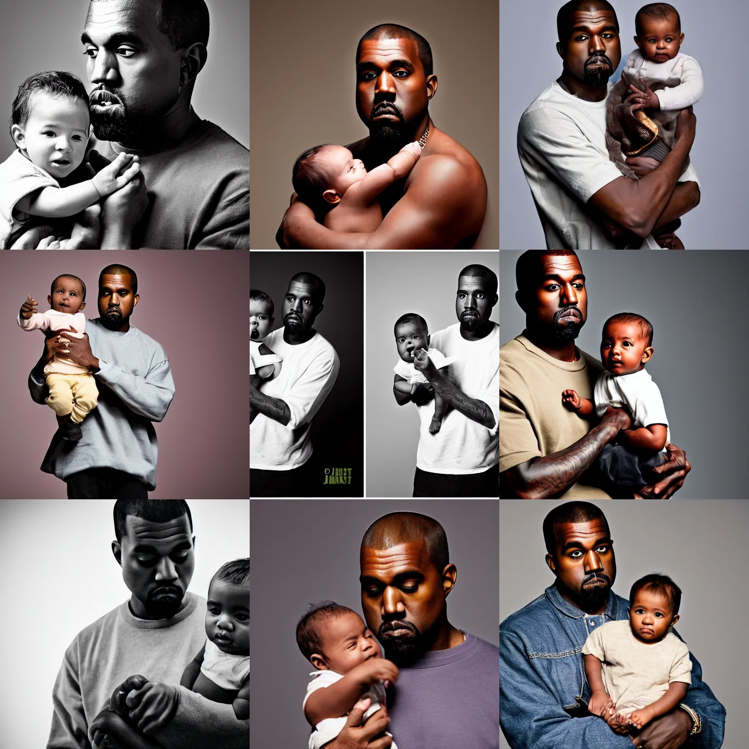 Prompt: kanye west holding a baby kanye west, studio lighting, sigma 8 5 mm