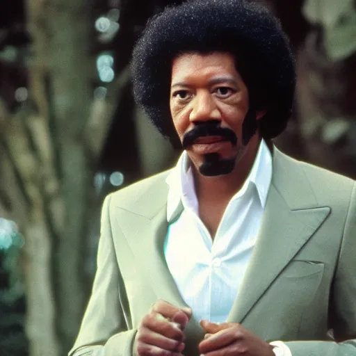 Prompt: a 1970s film still of Morgan Freeman dressed as Lionel Richie, 40mm lens, shallow depth of field, back lighting