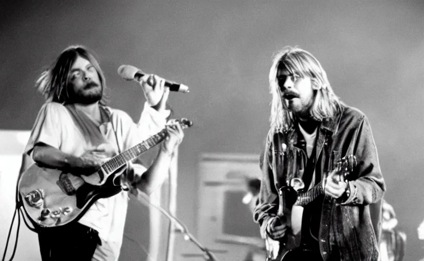 Image similar to kurt cobain and walter white performing on stage, 3 5 mm photograph, 1 9 9 4