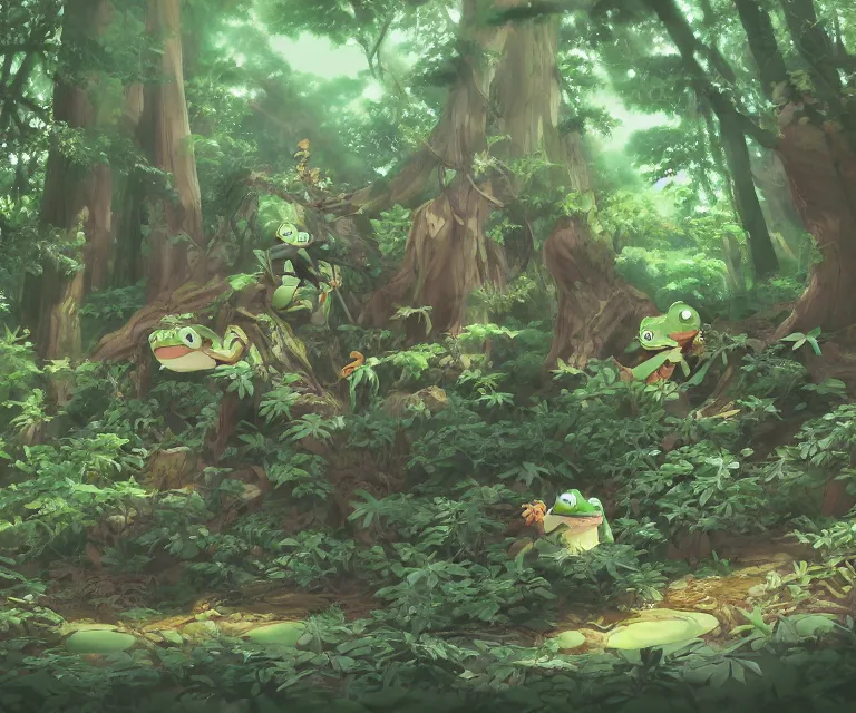 Prompt: frog in a forest, anime fantasy illustration by tomoyuki yamasaki, kyoto studio, madhouse, ufotable, comixwave films, trending on artstation