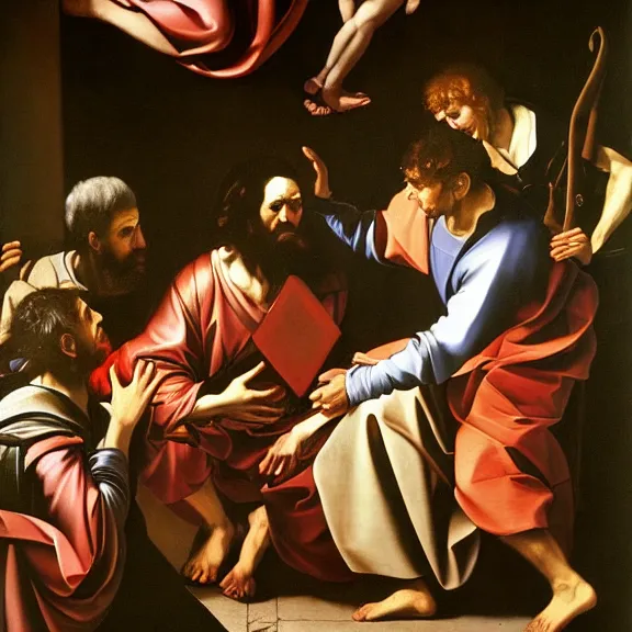 Prompt: the calling of st matthew, from caravaggio, reinterpreted and painted by diego velazquez, oil painting, baroque painting, highly detailed, 4 k.
