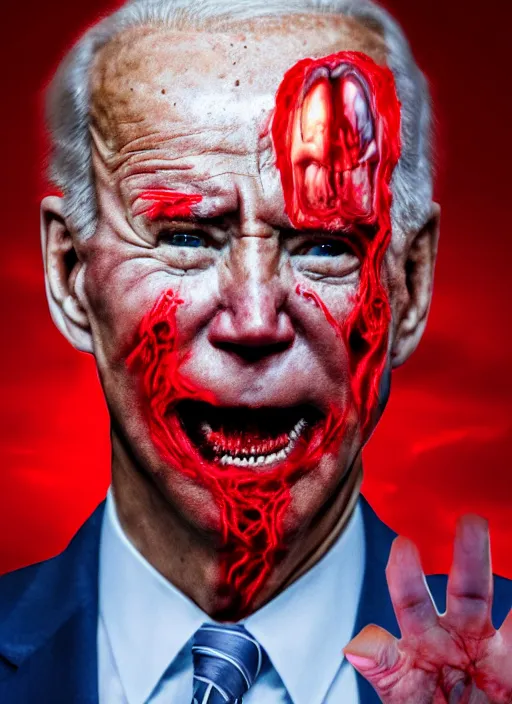 Image similar to hyper realistic ultra realistic horror terror dimensional photo furious glowing red eyes biden, high quality photo, detailed , 8k