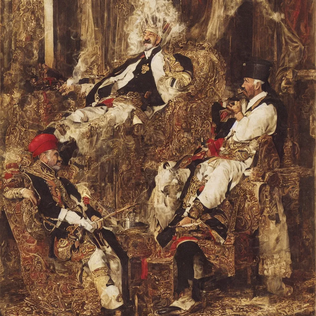 Prompt: turkish emperor smoking a hookah and lounging