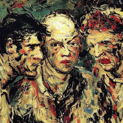 Prompt: high definition portrait of three men talking to each other by Jackson Pollock