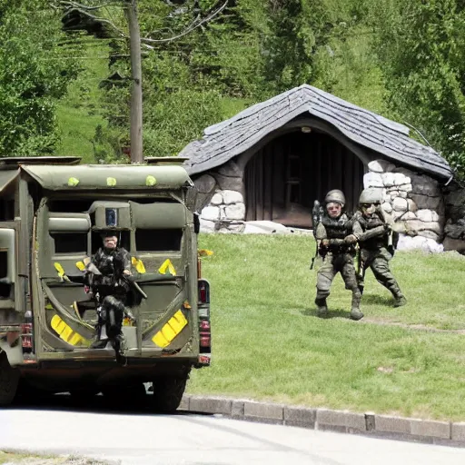 Prompt: photo of swat raid on the hobbit house