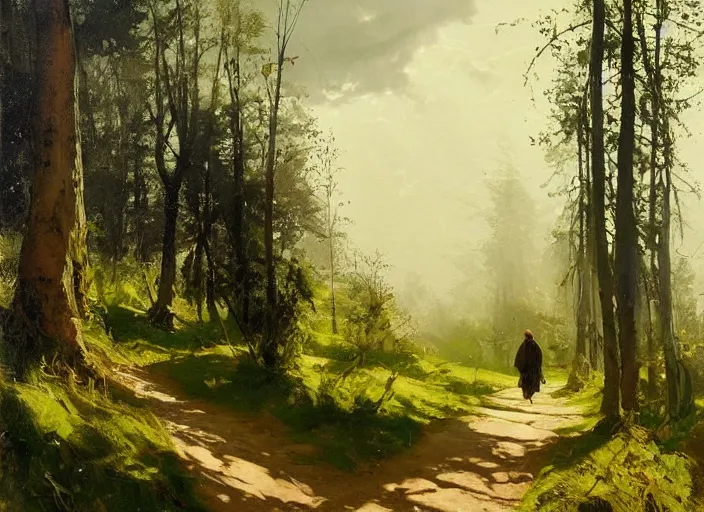 Image similar to oil painting of medieval forest path in dawn by anders zorn, wonderful art by greg rutkowski, incredible lighting, shadows, beautiful cinematic light, american romanticism by greg manchess, tall rocky mountains and storm clouds, sun rays, sunshine, bright sunny summer day, stone walls