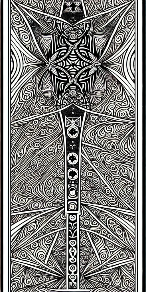 Image similar to a beautiful black and white fractal tarot card featuring bold occult imagery with clean lines. circuit board. detailed adult coloring book