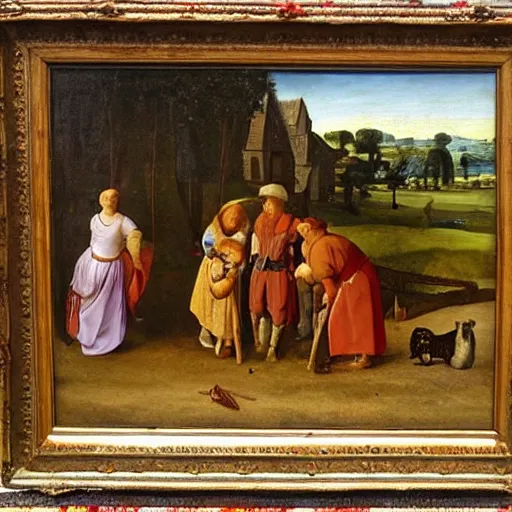 Image similar to feudal serfs sorting through recycling, pastoral scene, renaissance oil painting old master