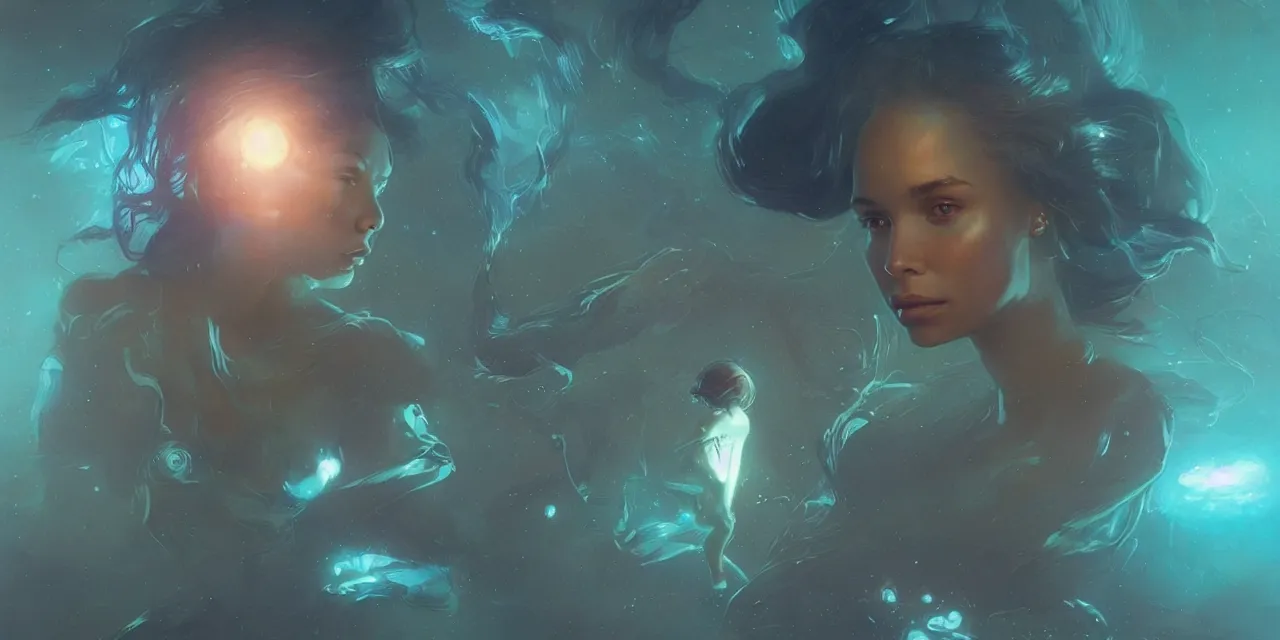 Prompt: dream zoe kravitz astronaut, underwater in the ocean at night, atmospheric, volumetric lighting, glowing lights, 4k, octane, digital painting, artstation, concept art, sharp focus, illustration, art by artgerm and greg rutkowski and alphonse mucha