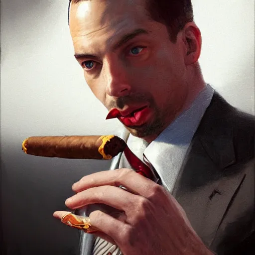 Young Hugo Weaving in a suit smoking a cigar with a