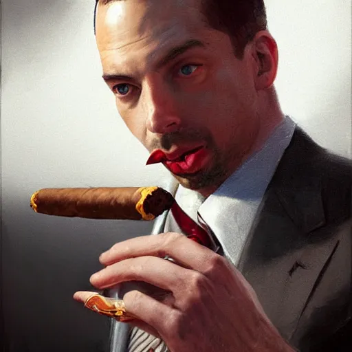 Image similar to andrew tate wearing a suit smoking a cigar on his mouth, dramatic lighting, cinematic, establishing shot, extremly high detail, photorealistic, cinematic lighting, artstation, style by James Gurney