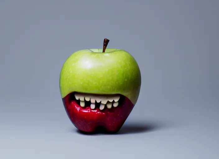 Image similar to photo still of an apple with human teeth, 8 k, studio lighting bright ambient lighting key light, 8 5 mm f 1. 8