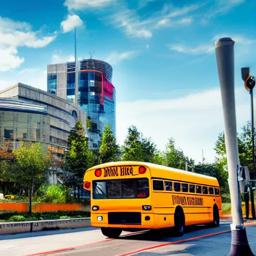 Prompt: Photo of a school bus going to a mall, realistic