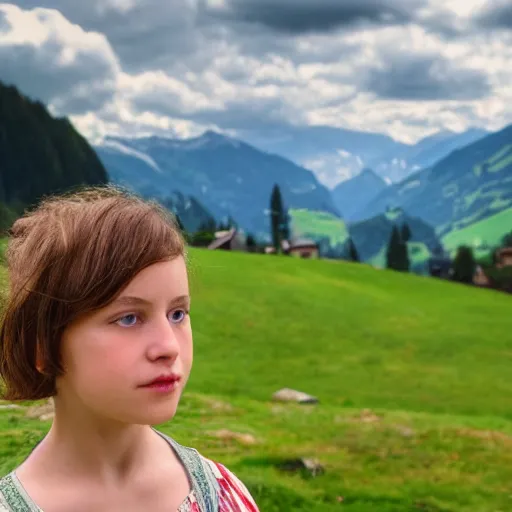 Image similar to a beautiful photograph of a girl with switzerland landscape in the background with trees, hdr, 8 k, high quality, sharp focus, artstation, highly detailed, award - winning, dramatic lighting, beautiful clouds, and nature