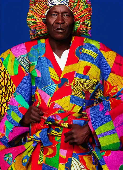 Prompt: an african chief wearing a colourful Japanese Kimono, african facial features, full body shot, rembrandt lighting, magazine collage,