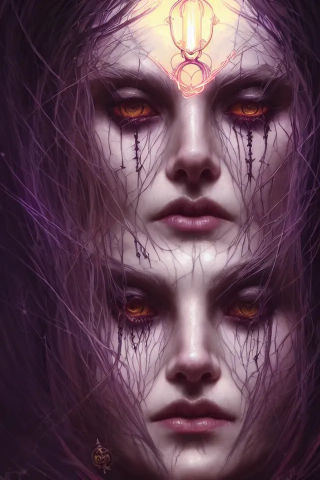 Prompt: Necromancer Sorceress face close-up macro in center, fantasy magic, undercut hairstyle, dark light night, intricate, elegant, sharp focus, illustration, highly detailed, digital painting, concept art, matte, art by WLOP and Artgerm and Greg Rutkowski and Alphonse Mucha, masterpiece