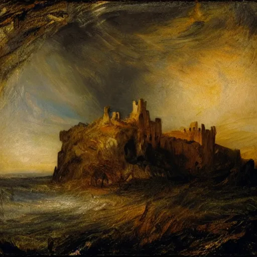 Image similar to a castle on rocks seen from afar, dead trees on both side of the image, dark themed, knife painting in the style of william turner