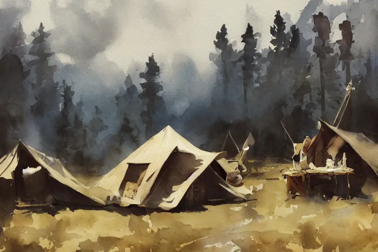 Image similar to small centered on white watercolor paper, paint brush strokes, abstract watercolor painting of nomad tent camp, scandinavia, smoke, midday sharp light, cinematic light, american romanticism by hans dahl, by jesper ejsing, by anders zorn, by greg rutkowski, by greg manchess, by tyler edlin