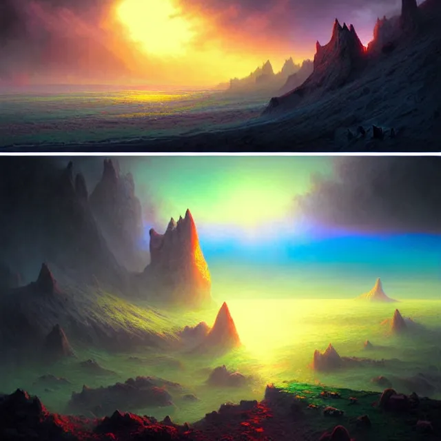 Image similar to fantasy aerial iceland landscape is seen inside the human eye!!!!!, volumetric lighting, colorful, sharp and focus, ultra detailed, beautifully lit landscape, astrophotography, in the art style of dan mumford, ivan aivazovsky and marc simonetti