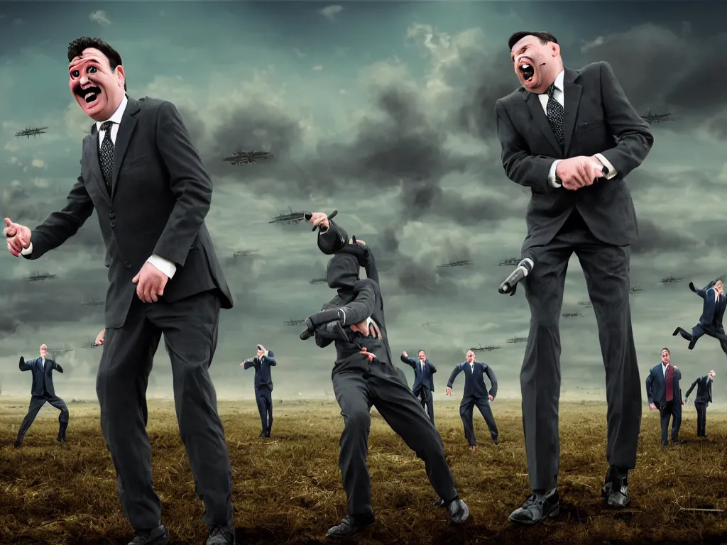 Image similar to one Comedian in suit and tie performing in a battle-field with dead bodies on the ground, comedian is funny, performing to dead soldiers, nuclear bomb in far horizon, apocalypse, trending on artstation, artstationHD, hyperdetailed matte painting, highly detailed, digital painting, hyper-realistic, realistic, photo-realistic