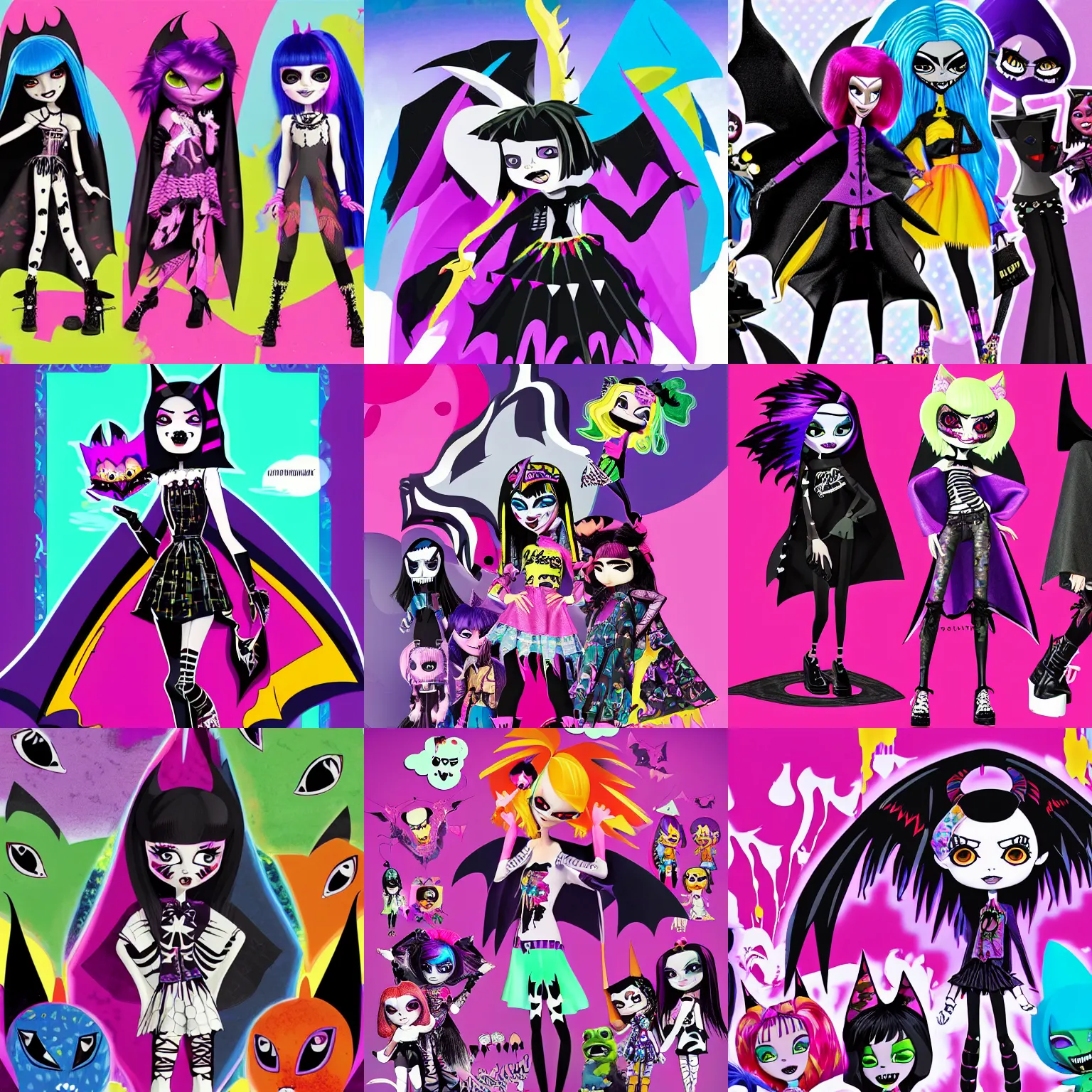 Prompt: lisa frank gothic emo punk vampiric rockstar vampire squid wearing a bat shaped poncho cape with platform shoes character designs of various shapes and sizes by genndy tartakovsky and monster high for the new hotel transylvania film