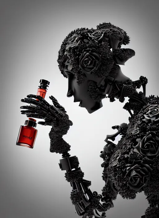 Prompt: elegant biomechanical black statue carrying perfume bottle made of corals, daisies, roses, well contoured smooth fair walls carrying perfume bottle, up close shot, sharp focus, global illumination, radiant light, alexandre ferra white mecha, irakli nadar, octane highly render, 4 k, ultra hd,