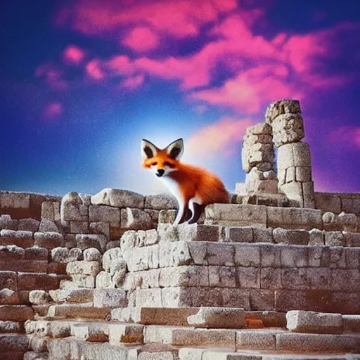 Prompt: “A beautiful small fox in the huge ruins of the second temple in Jerusalem :: Dreamy sky :: The third temple hovers quietly in the sky above :: Very colorful painting 8k trending on art station :: Intricate details, very realistic, cinematic lighting, volumetric lighting, photographic blur bokeh defocus dof sky.” -W 1024 -C 15 -n 9 -s 150