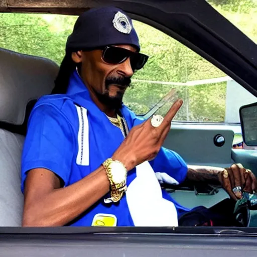 Image similar to Snoop Dogg is sitting in a police car wearing a cap C-11