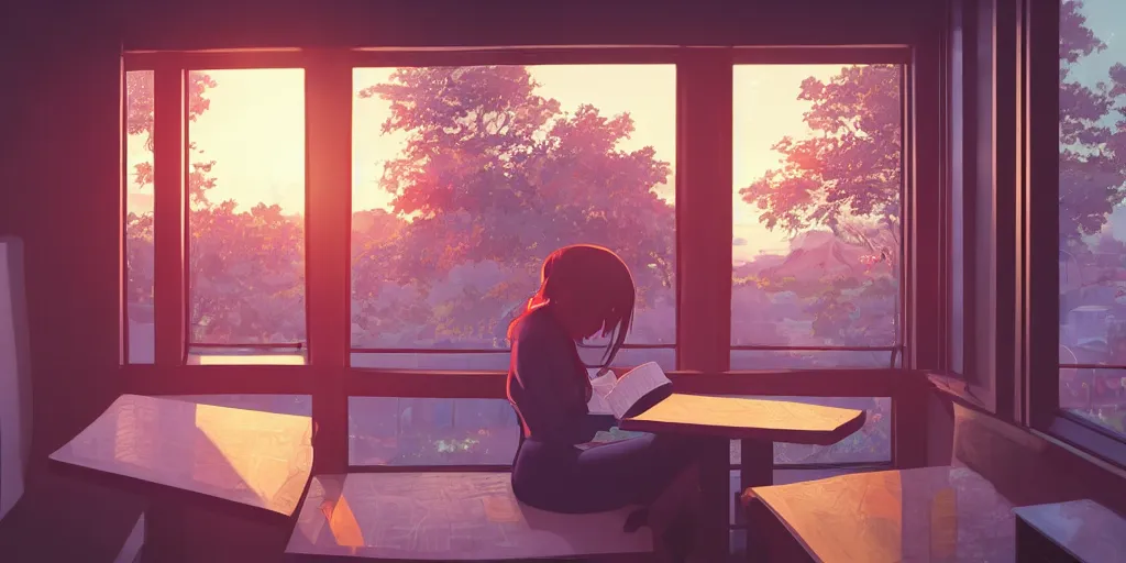 Prompt: Girl reading in a window seat in a coffee shop at sunset cinematic lighting, style by Makoto Shinkai