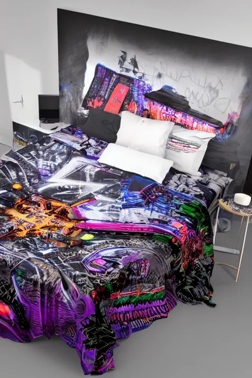 Prompt: photo of of bedlinen in a modern bedroom, band merchandise, bandname is tripmachine, tourname is invasion of the tripmachines, realistic digital art, bedlinen is textured with a 3 d render of a huge futuristic steampunk generator, 8 k, fluorescent colors, halluzinogenic, multicolored, exaggerated detailed, unreal engine