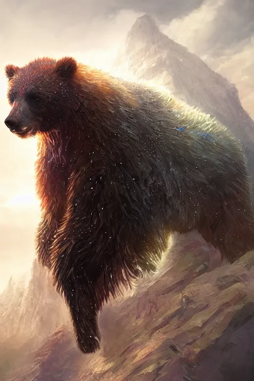 Image similar to a portrait of a crystalized bear god by Greg Rutkowski, Sung Choi, Mitchell Mohrhauser, Maciej Kuciara, Johnson Ting, Maxim Verehin, Peter Konig, final fantasy , mythical, 8k photorealistic, cinematic lighting, HD, high details, atmospheric,