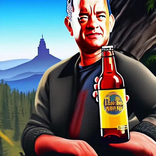 Image similar to Tom hanks at the top of a mountain, scenic view, holding a beer!!, digital art, gta 5 cover art, trending on artstation