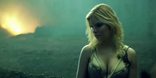 Image similar to elisha cuthbert as the goddess of war. movie still. sinister atmospheric lighting. highly detailed, ground mist