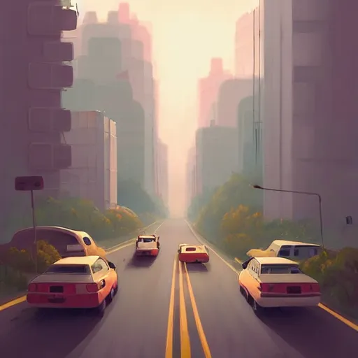 Prompt: goro fujita ilustration on the left you can see the big city, on the right you can see the forest there is a highway halfway full of cars leaving the city, painting by goro fujita, sharp focus, highly detailed, artstation