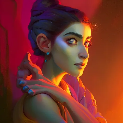 Prompt: portrait of beautiful woman, maya ali mage, gloomhaven, dynamic lighting, gaudy colors, octane render aesthetic, matte painting concept art, official fanart behance hd artstation by jesper ejsing, by rhads and makoto shinkai and lois van baarle and ilya kuvshinov and rossdraws
