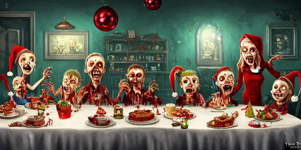 Image similar to a zombie family christmas diner, wide angle, super highly detailed, professional digital painting, artstation, concept art, smooth, sharp focus, no blur, no dof, extreme illustration, unreal engine 5, photorealism, hd quality, 8 k resolution, cinema 4 d, 3 d, beautiful, cinematic, art by tim burton