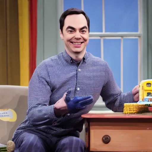 Image similar to jim parsons pretending to be mr. fred rodgers on pbs