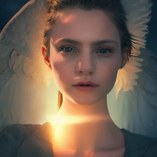 Image similar to portrait art of female angel by alessio albi 8 k ultra realistic, angel wings, lens flare, atmosphere, glow, detailed, intricate, full of colour, cinematic lighting, trending on artstation, 4 k, hyperrealistic, focused, extreme details, unreal engine 5, cinematic, masterpiece