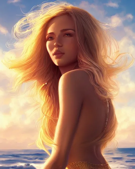 Image similar to summer vibes, beautiful sun tanned goddess, flowy golden hair, sun, summer, beach, cinematic lighting, highly detailed, digital painting, trending on artstation, pixiv, concept art, sharp focus, illustration, art by ross tran and wlop