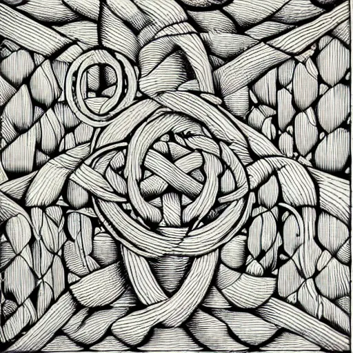 Prompt: an ornate illustration in the style of mandalic escher, wood engraving print, showing a geometric knot in a wheat field