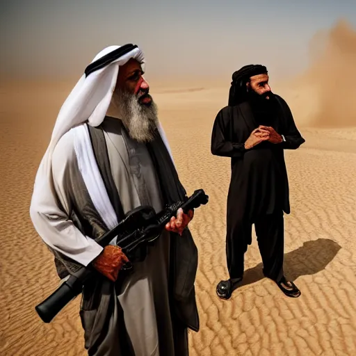 Image similar to 4 k portrait sony a 7 f 2. 8 wide angle of president joe biden as a taliban leader with a beard getting freaky in kuwait with sand storm desert lighting